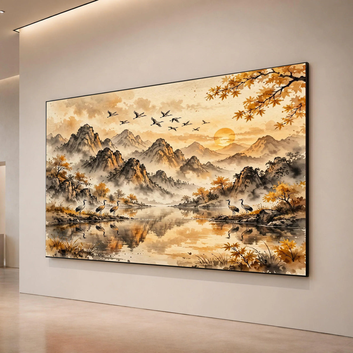 Tranquil Mountain Sunrise Canvas, Autumn Landscape Wall Art, Flying Cranes Scene, Misty River Nature Canvas, Asian Style Canvas Print Art
