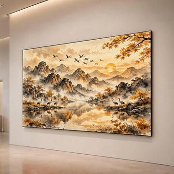Tranquil Mountain Sunrise Canvas, Autumn Landscape Wall Art, Flying Cranes Scene, Misty River Nature Canvas, Asian Style Canvas Print Art