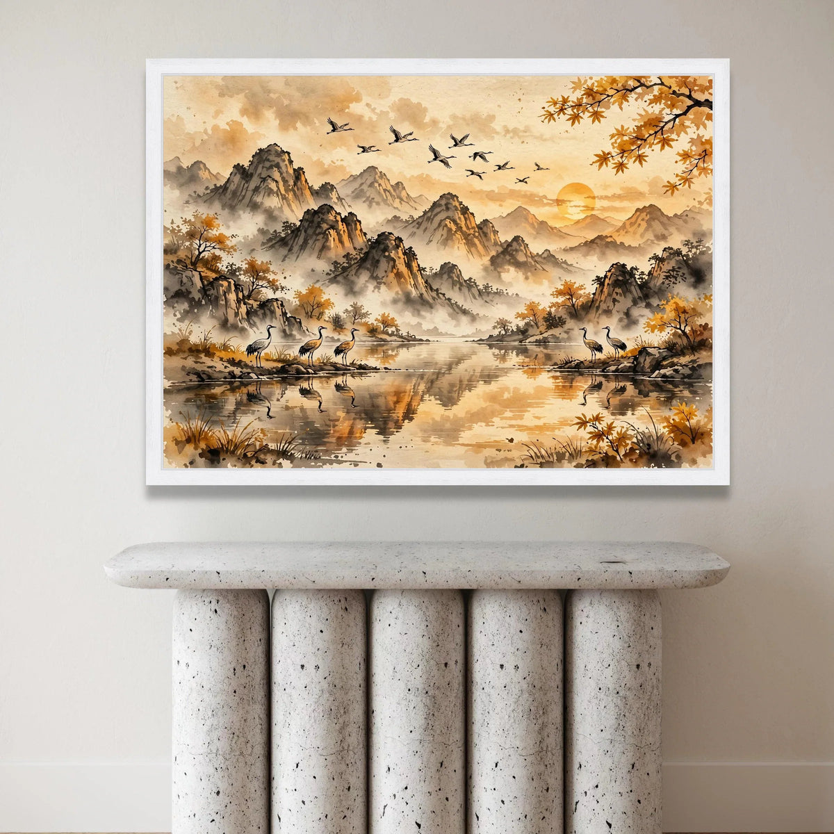 Tranquil Mountain Sunrise Canvas, Autumn Landscape Wall Art, Flying Cranes Scene, Misty River Nature Canvas, Asian Style Canvas Print Art