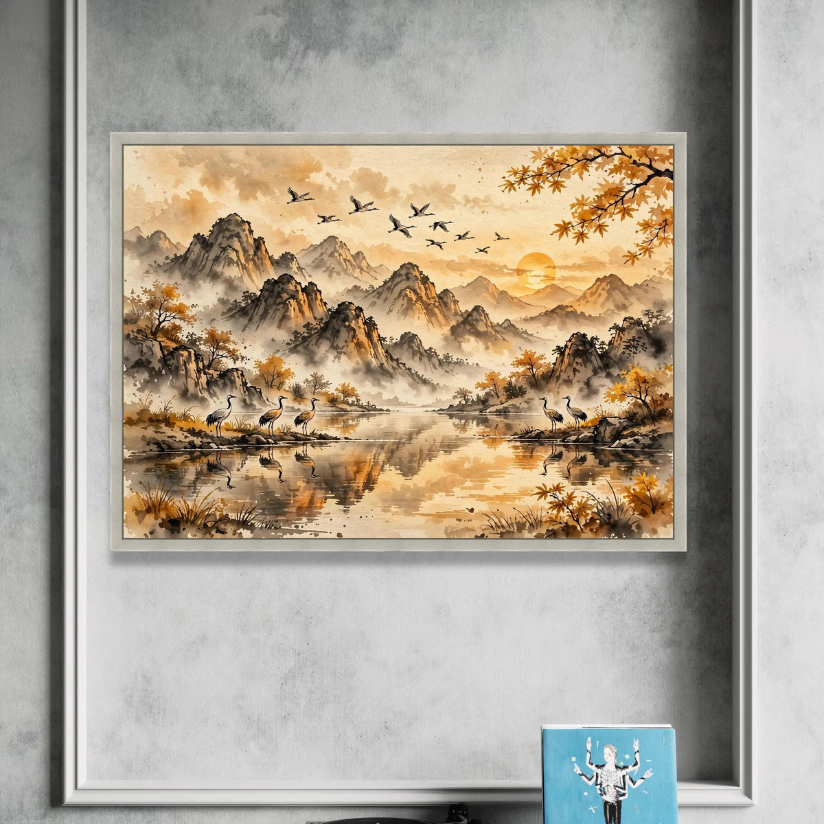 Tranquil Mountain Sunrise Canvas, Autumn Landscape Wall Art, Flying Cranes Scene, Misty River Nature Canvas, Asian Style Canvas Print Art