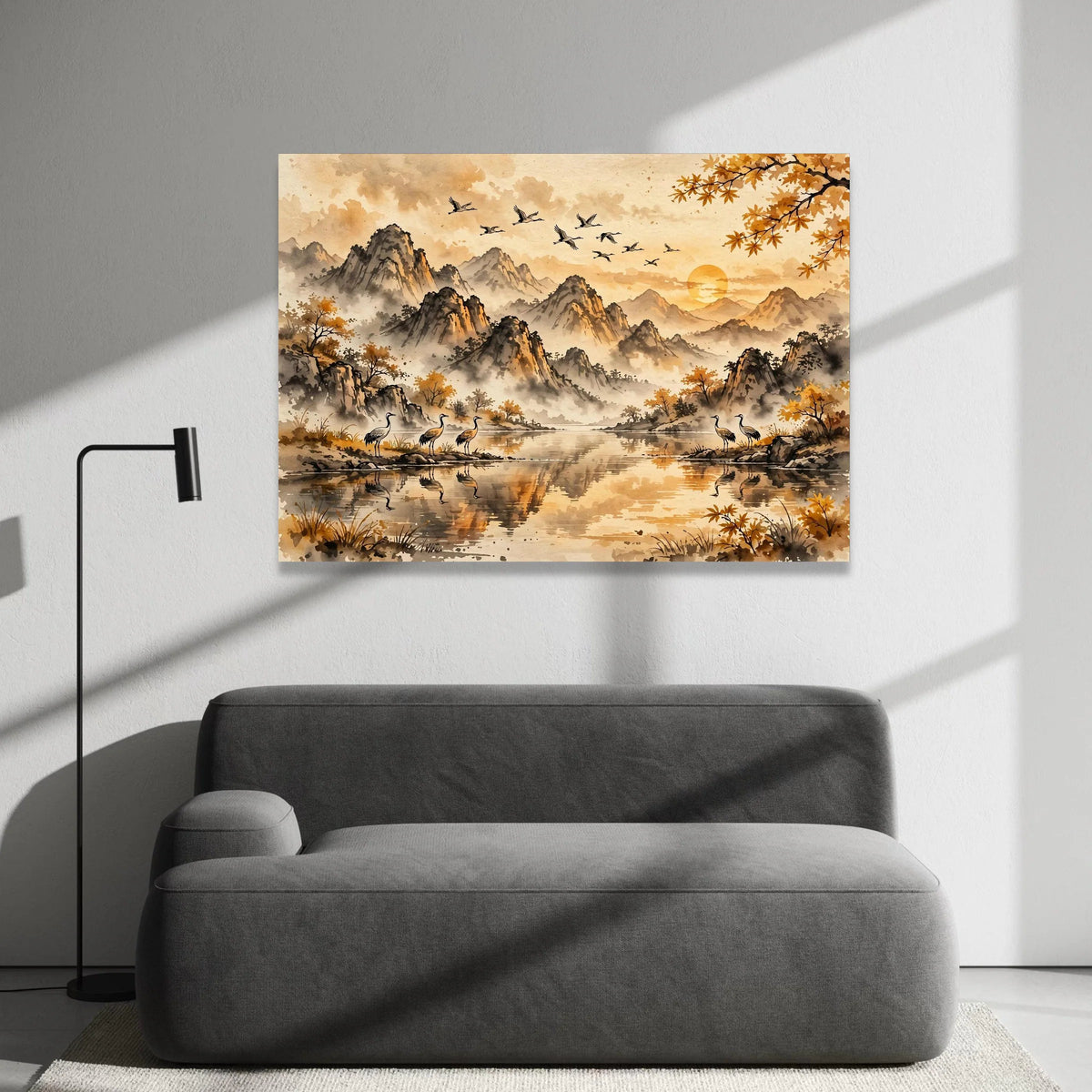Tranquil Mountain Sunrise Canvas, Autumn Landscape Wall Art, Flying Cranes Scene, Misty River Nature Canvas, Asian Style Canvas Print Art