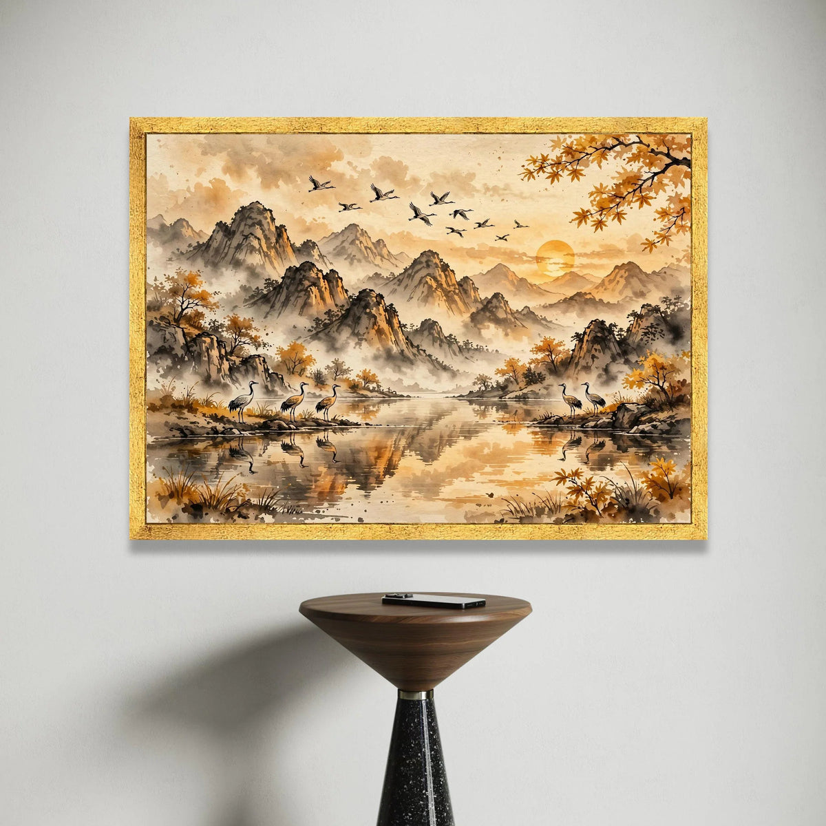 Tranquil Mountain Sunrise Canvas, Autumn Landscape Wall Art, Flying Cranes Scene, Misty River Nature Canvas, Asian Style Canvas Print Art
