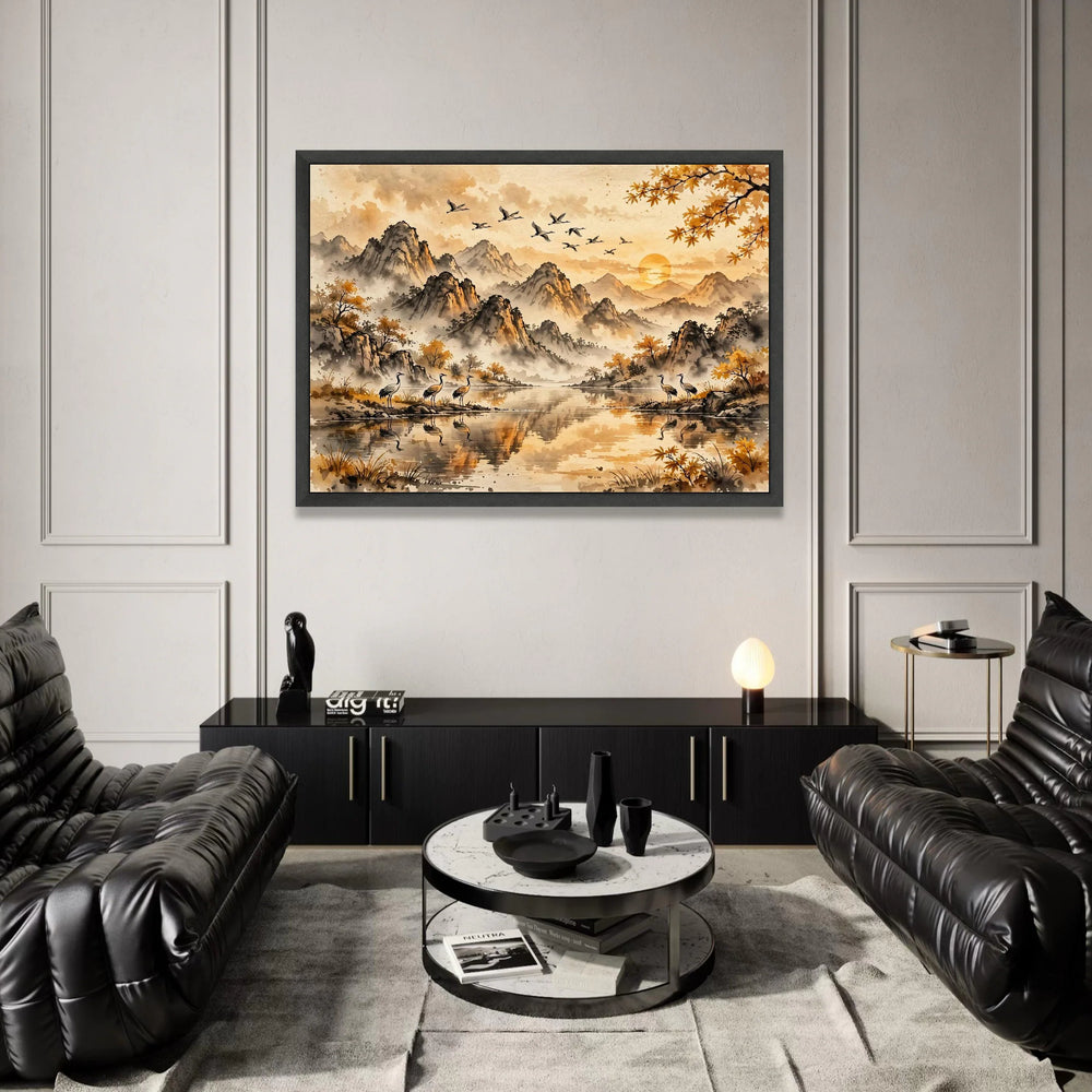Tranquil Mountain Sunrise Canvas, Autumn Landscape Wall Art, Flying Cranes Scene, Misty River Nature Canvas, Asian Style Canvas Print Art