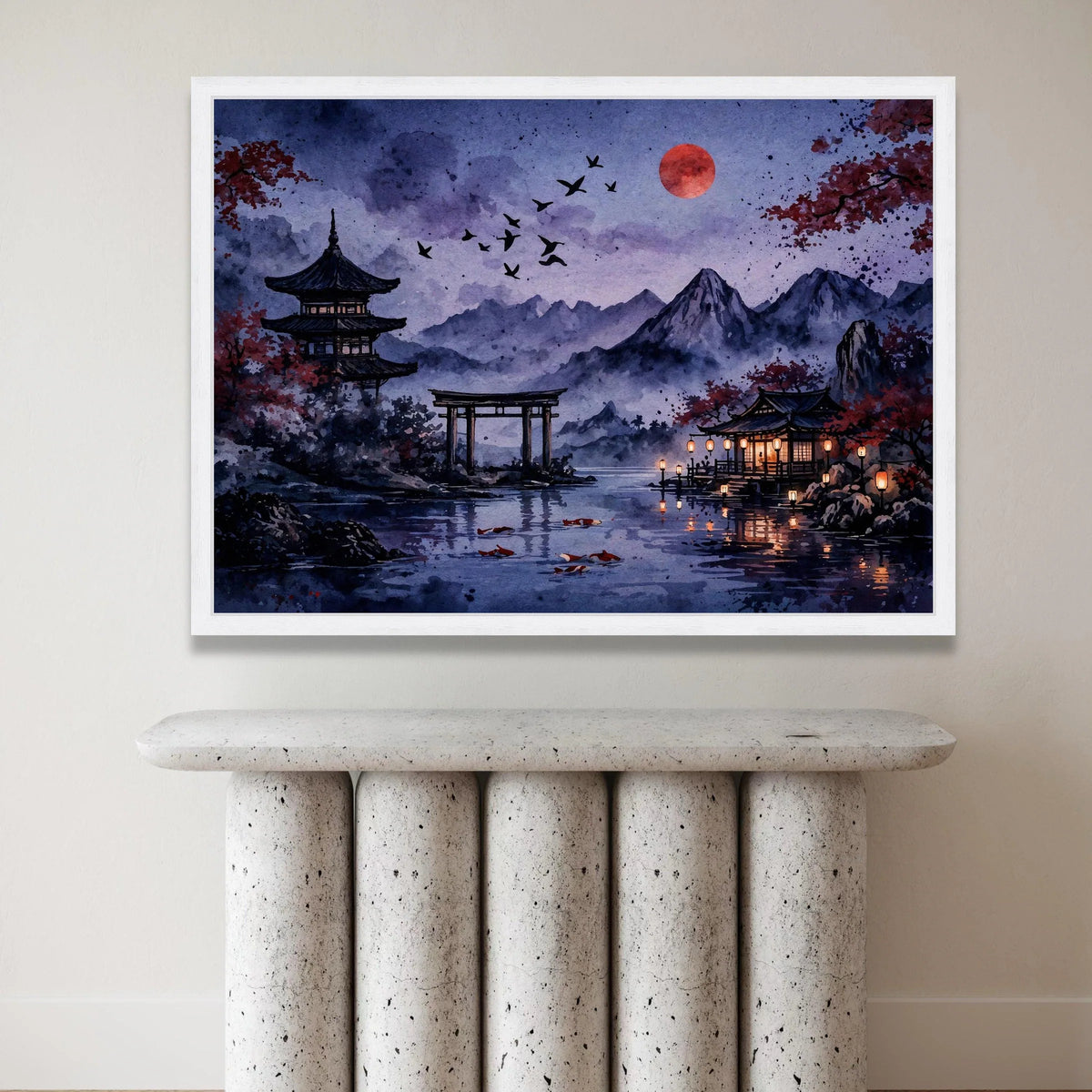 Tranquil Japanese Landscape Canvas, Pagoda and Torii Gate Wall Art, Evening Lake Scene, Red Moon and Koi Fish Canvas, Asian Canvas Print Art