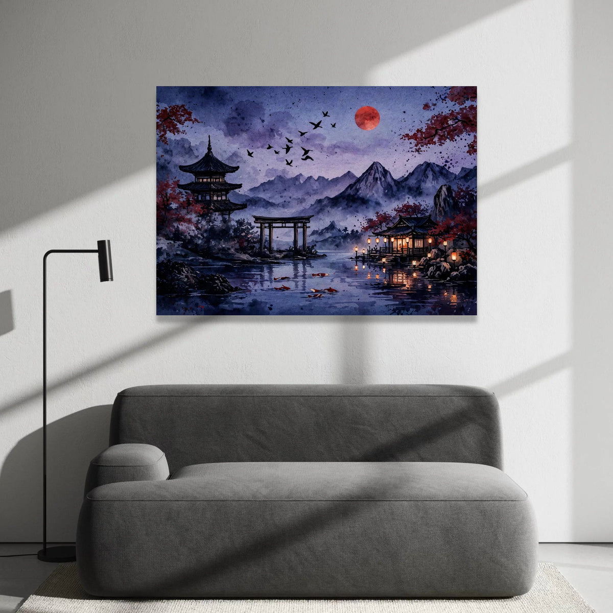 Tranquil Japanese Landscape Canvas, Pagoda and Torii Gate Wall Art, Evening Lake Scene, Red Moon and Koi Fish Canvas, Asian Canvas Print Art