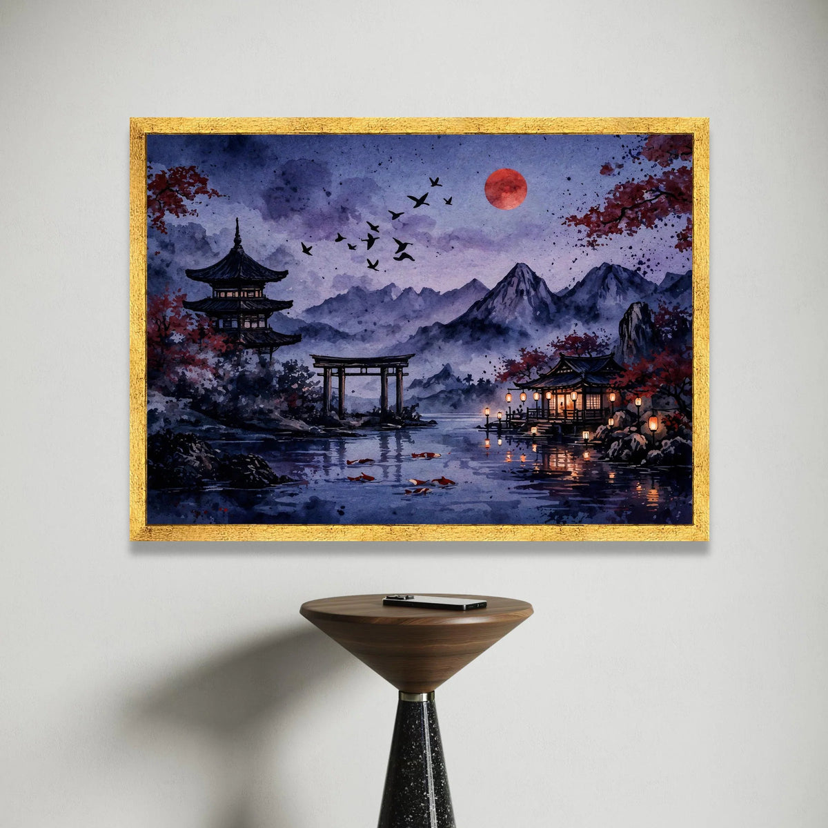 Tranquil Japanese Landscape Canvas, Pagoda and Torii Gate Wall Art, Evening Lake Scene, Red Moon and Koi Fish Canvas, Asian Canvas Print Art