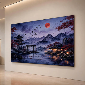 Tranquil Japanese Landscape Canvas, Pagoda and Torii Gate Wall Art, Evening Lake Scene, Red Moon and Koi Fish Canvas, Asian Canvas Print Art
