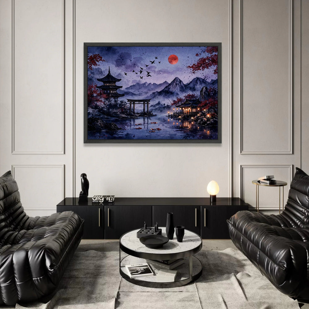 Tranquil Japanese Landscape Canvas, Pagoda and Torii Gate Wall Art, Evening Lake Scene, Red Moon and Koi Fish Canvas, Asian Canvas Print Art
