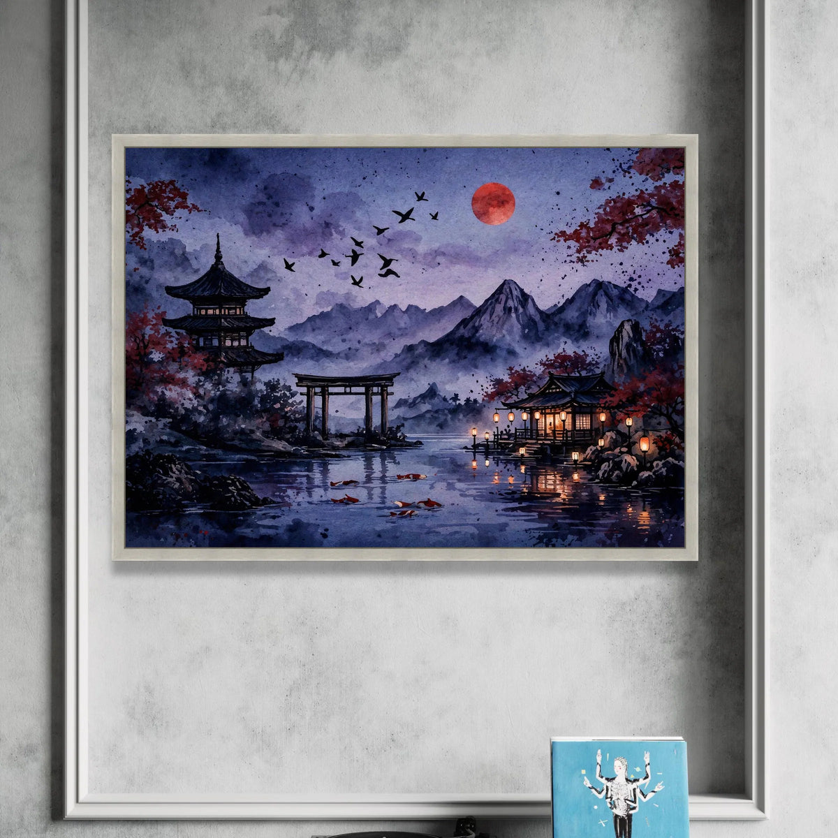 Tranquil Japanese Landscape Canvas, Pagoda and Torii Gate Wall Art, Evening Lake Scene, Red Moon and Koi Fish Canvas, Asian Canvas Print Art