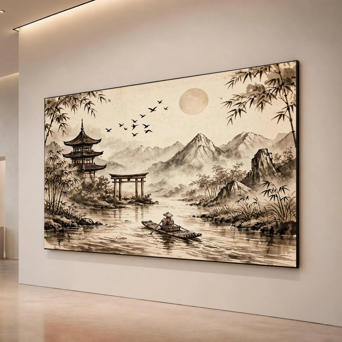 Serene Asian Landscape Canvas, Traditional Pagoda Wall Art, Bamboo and Mountains Print, Calm River Scene Canvas, Japanese Canvas Print Art