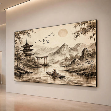 Serene Asian Landscape Canvas, Traditional Pagoda Wall Art, Bamboo and Mountains Print, Calm River Scene Canvas, Japanese Canvas Print Art