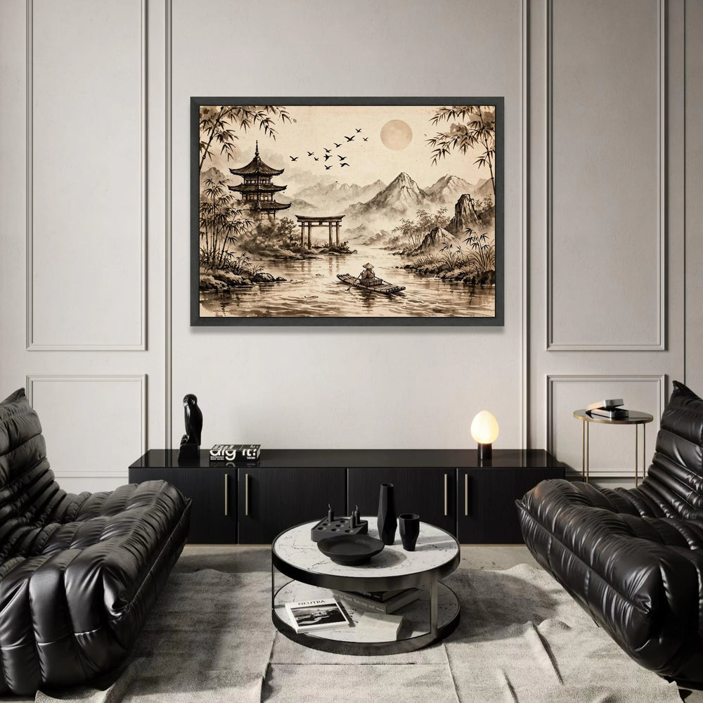Serene Asian Landscape Canvas, Traditional Pagoda Wall Art, Bamboo and Mountains Print, Calm River Scene Canvas, Japanese Canvas Print Art