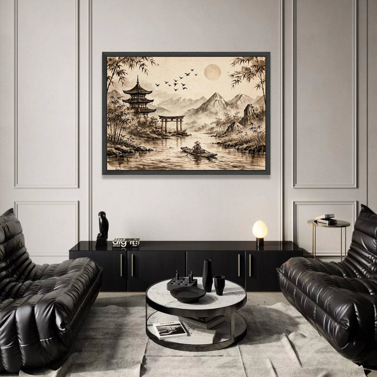Serene Asian Landscape Canvas, Traditional Pagoda Wall Art, Bamboo and Mountains Print, Calm River Scene Canvas, Japanese Canvas Print Art