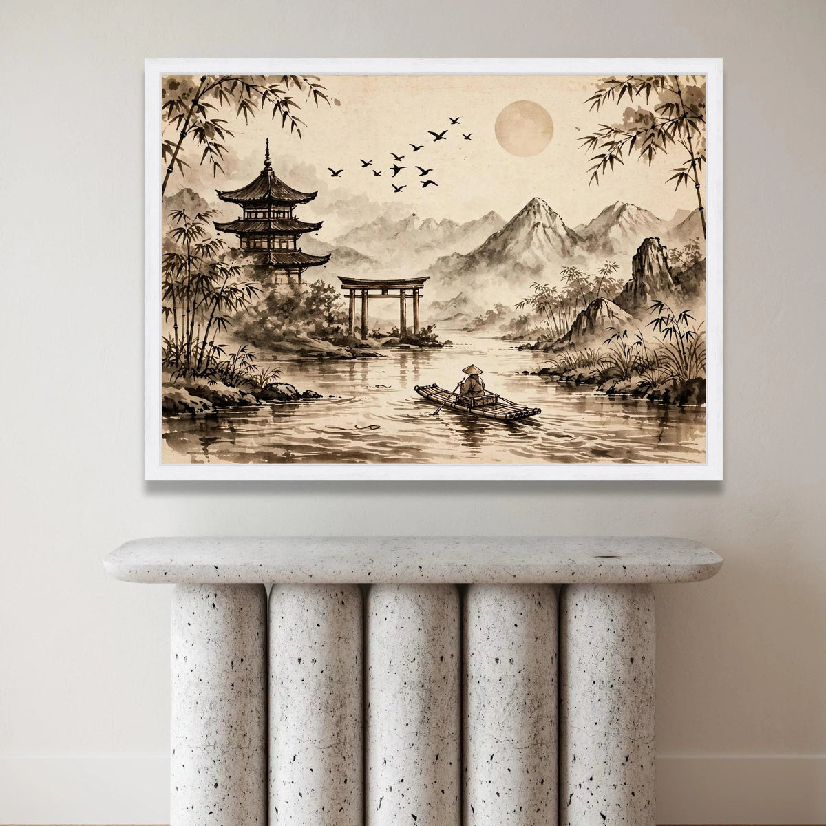 Serene Asian Landscape Canvas, Traditional Pagoda Wall Art, Bamboo and Mountains Print, Calm River Scene Canvas, Japanese Canvas Print Art