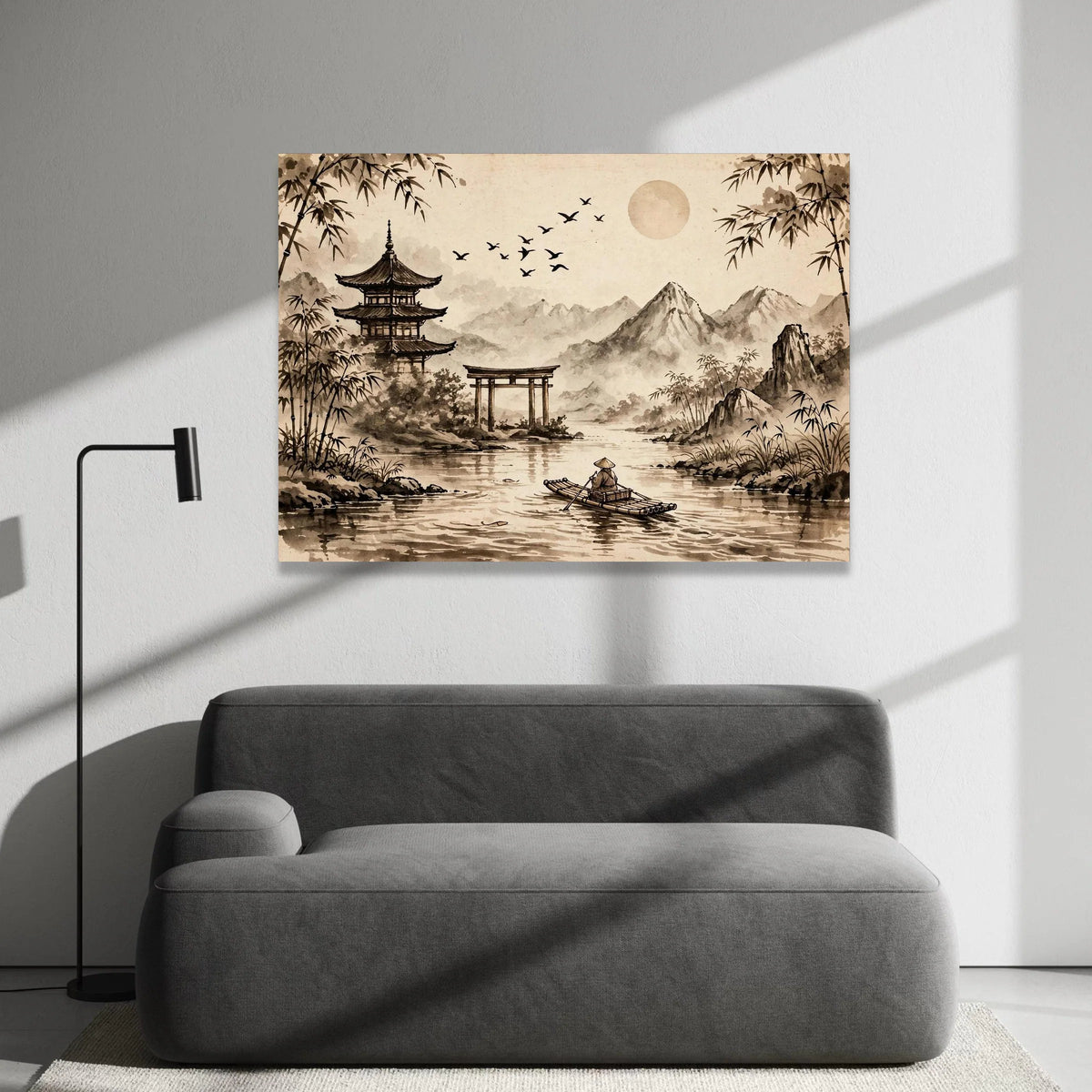 Serene Asian Landscape Canvas, Traditional Pagoda Wall Art, Bamboo and Mountains Print, Calm River Scene Canvas, Japanese Canvas Print Art