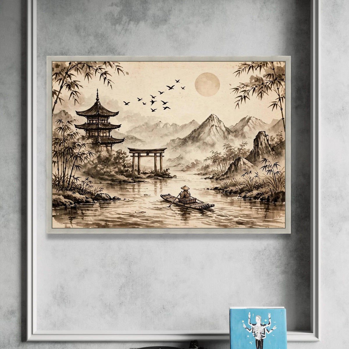 Serene Asian Landscape Canvas, Traditional Pagoda Wall Art, Bamboo and Mountains Print, Calm River Scene Canvas, Japanese Canvas Print Art