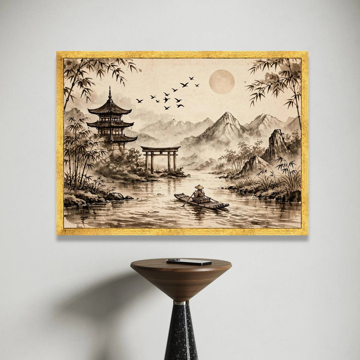Serene Asian Landscape Canvas, Traditional Pagoda Wall Art, Bamboo and Mountains Print, Calm River Scene Canvas, Japanese Canvas Print Art