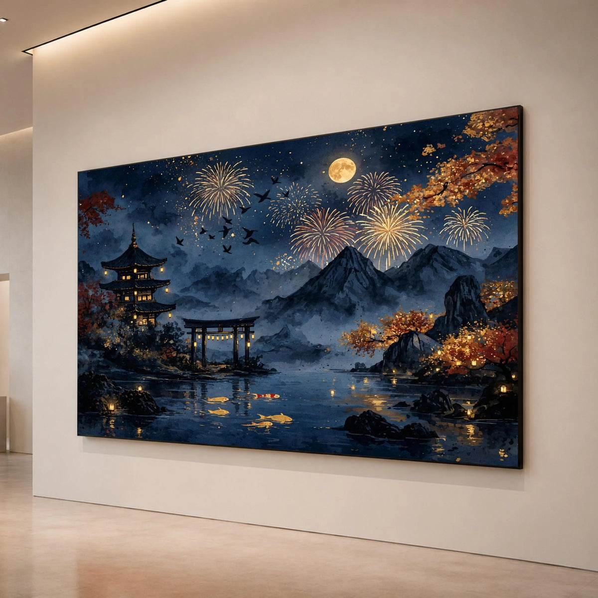 Tranquil Japanese Night Scene, Fireworks Over Mountains Canvas, Koi Fish Pond Wall Art, Autumn Lanterns Decoration, Serene Canvas Print Art