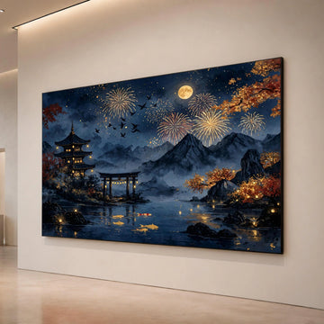 Tranquil Japanese Night Scene, Fireworks Over Mountains Canvas, Koi Fish Pond Wall Art, Autumn Lanterns Decoration, Serene Canvas Print Art