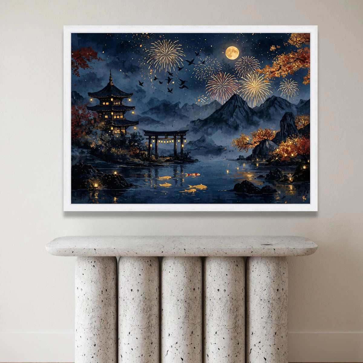 Tranquil Japanese Night Scene, Fireworks Over Mountains Canvas, Koi Fish Pond Wall Art, Autumn Lanterns Decoration, Serene Canvas Print Art