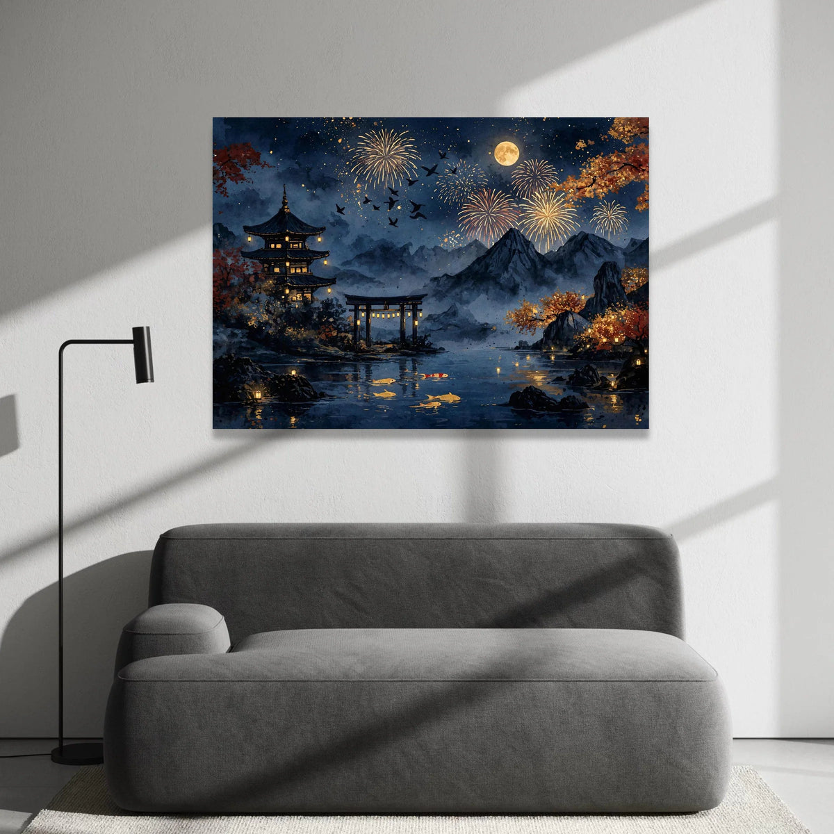 Tranquil Japanese Night Scene, Fireworks Over Mountains Canvas, Koi Fish Pond Wall Art, Autumn Lanterns Decoration, Serene Canvas Print Art