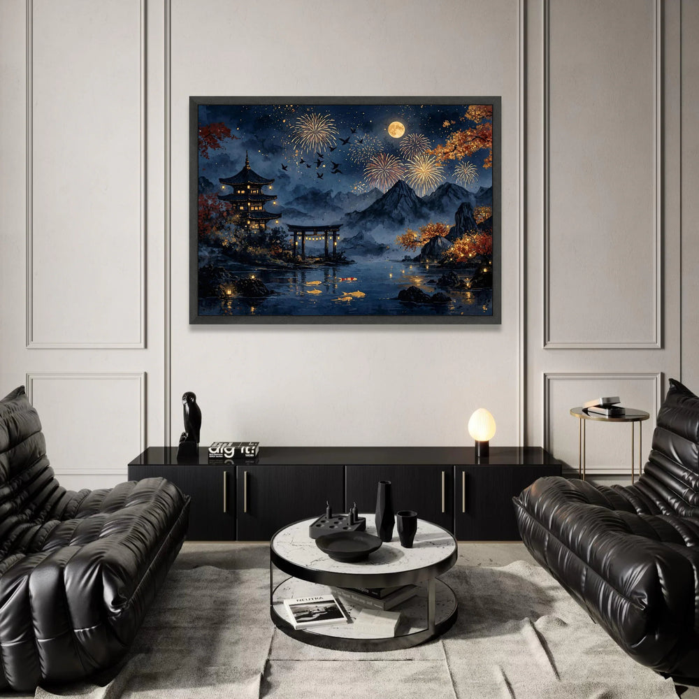 Tranquil Japanese Night Scene, Fireworks Over Mountains Canvas, Koi Fish Pond Wall Art, Autumn Lanterns Decoration, Serene Canvas Print Art