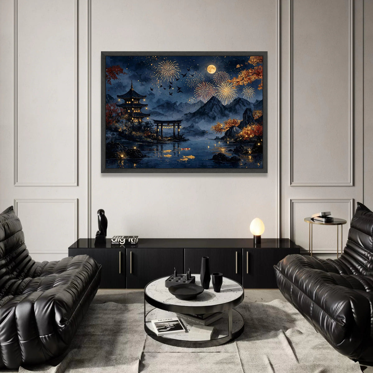 Tranquil Japanese Night Scene, Fireworks Over Mountains Canvas, Koi Fish Pond Wall Art, Autumn Lanterns Decoration, Serene Canvas Print Art