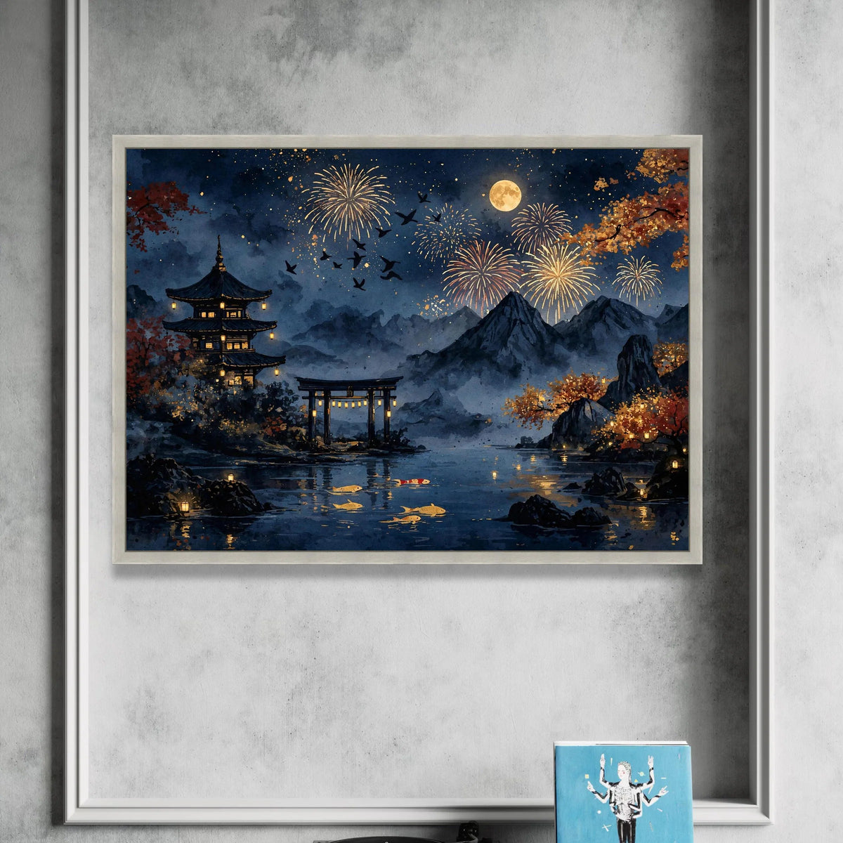 Tranquil Japanese Night Scene, Fireworks Over Mountains Canvas, Koi Fish Pond Wall Art, Autumn Lanterns Decoration, Serene Canvas Print Art