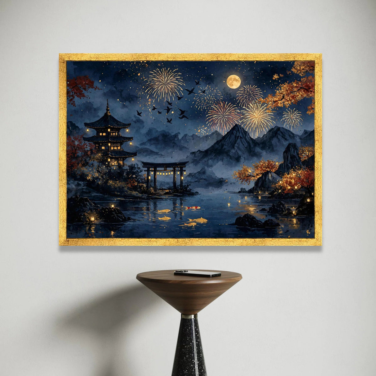 Tranquil Japanese Night Scene, Fireworks Over Mountains Canvas, Koi Fish Pond Wall Art, Autumn Lanterns Decoration, Serene Canvas Print Art