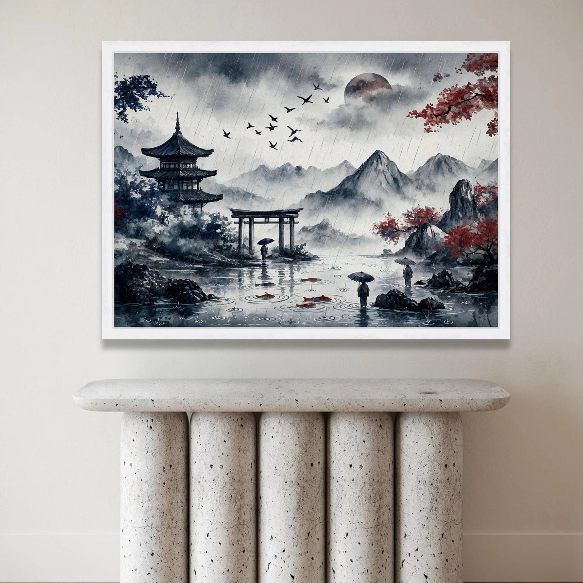 Serene Rainy Japanese Landscape Canvas, Traditional Pagoda and Torii Gate, Mountain Scenery Art, Umbrella Figures Water, Canvas Print Art