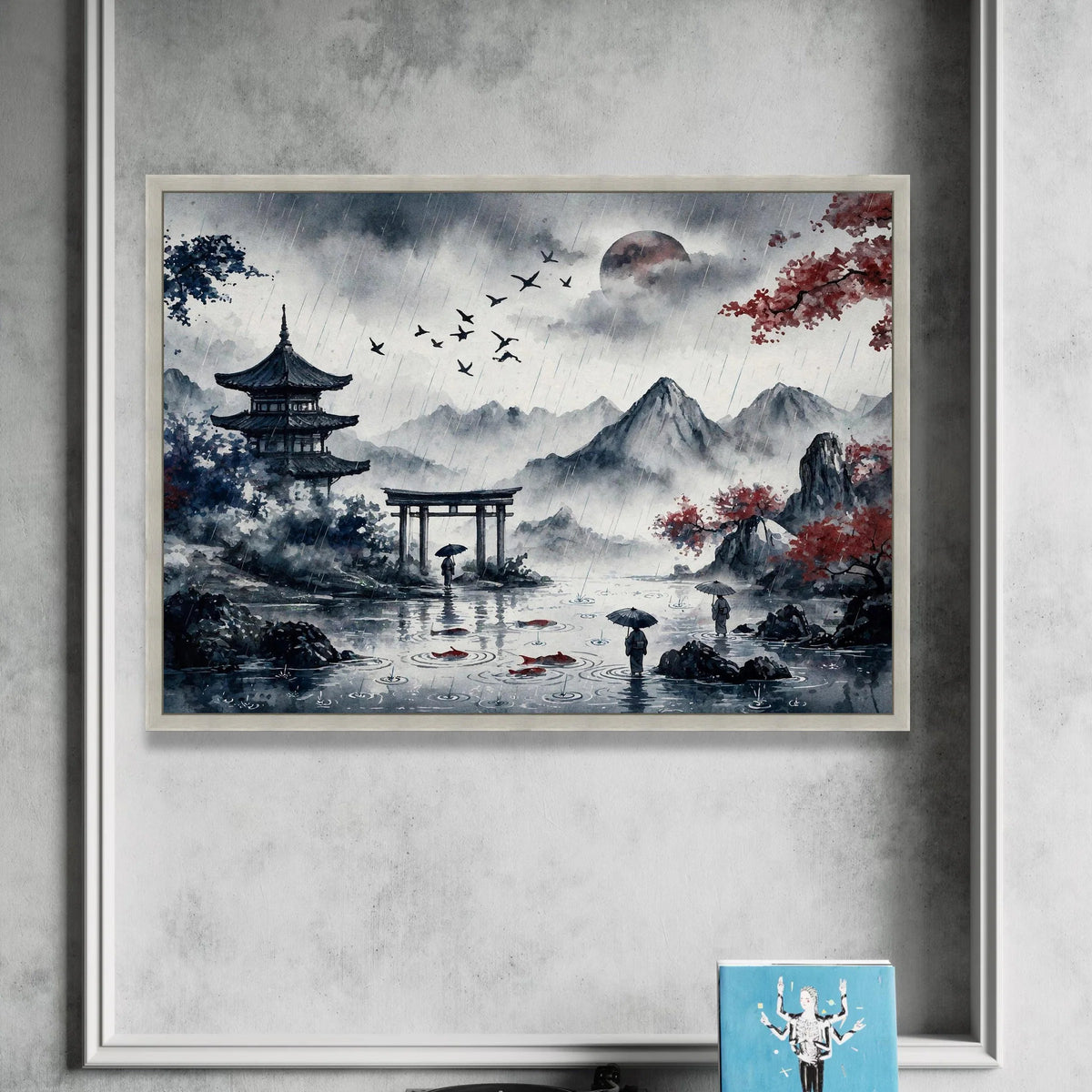 Serene Rainy Japanese Landscape Canvas, Traditional Pagoda and Torii Gate, Mountain Scenery Art, Umbrella Figures Water, Canvas Print Art