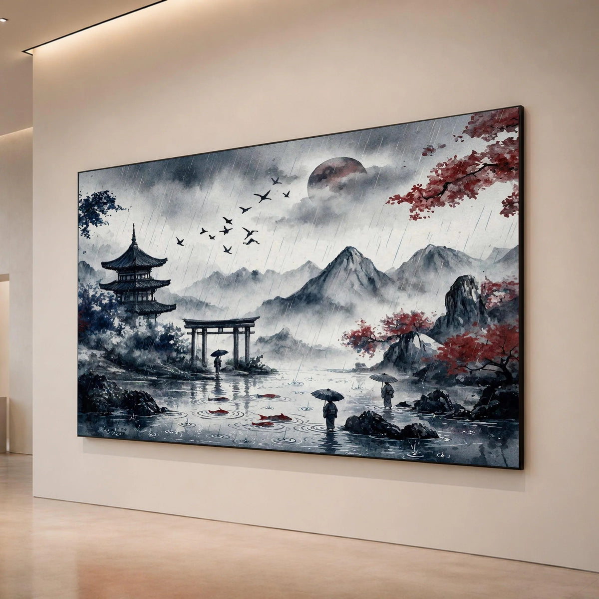 Serene Rainy Japanese Landscape Canvas, Traditional Pagoda and Torii Gate, Mountain Scenery Art, Umbrella Figures Water, Canvas Print Art