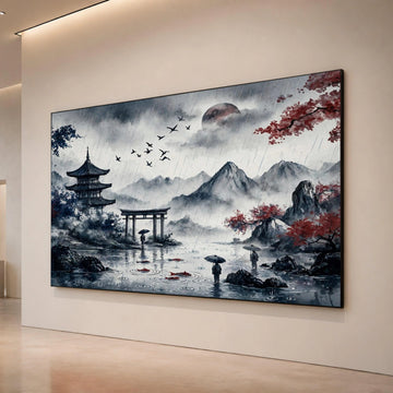 Serene Rainy Japanese Landscape Canvas, Traditional Pagoda and Torii Gate, Mountain Scenery Art, Umbrella Figures Water, Canvas Print Art