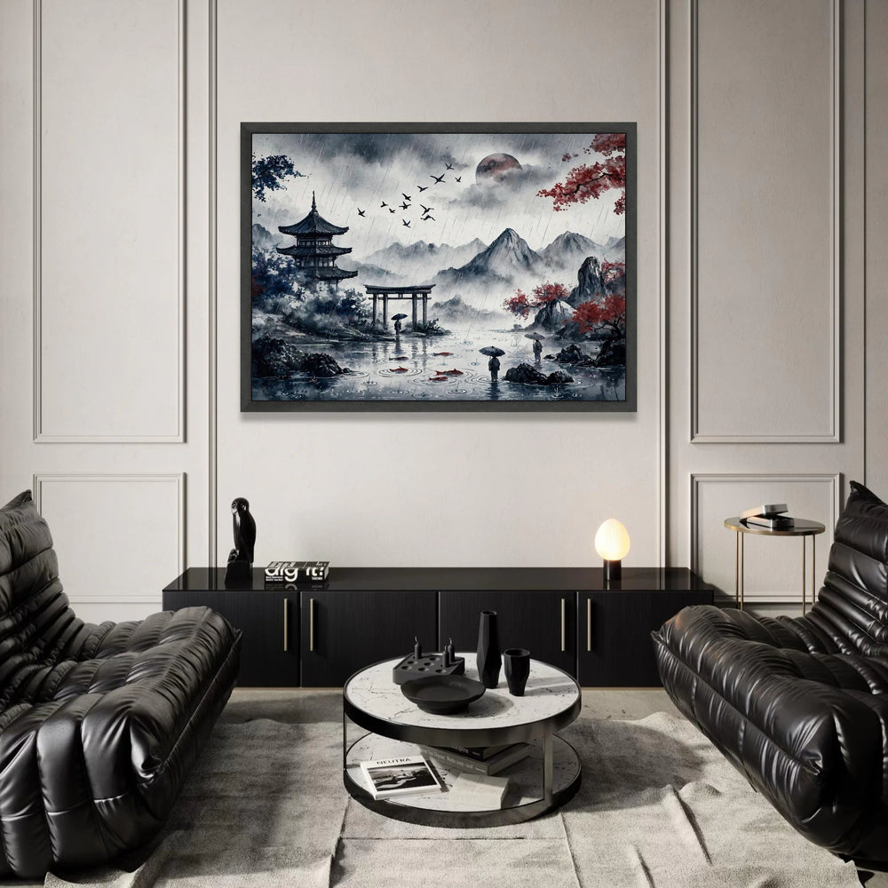 Serene Rainy Japanese Landscape Canvas, Traditional Pagoda and Torii Gate, Mountain Scenery Art, Umbrella Figures Water, Canvas Print Art