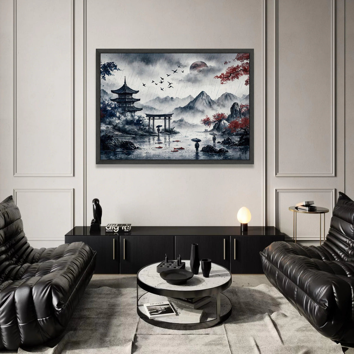 Serene Rainy Japanese Landscape Canvas, Traditional Pagoda and Torii Gate, Mountain Scenery Art, Umbrella Figures Water, Canvas Print Art