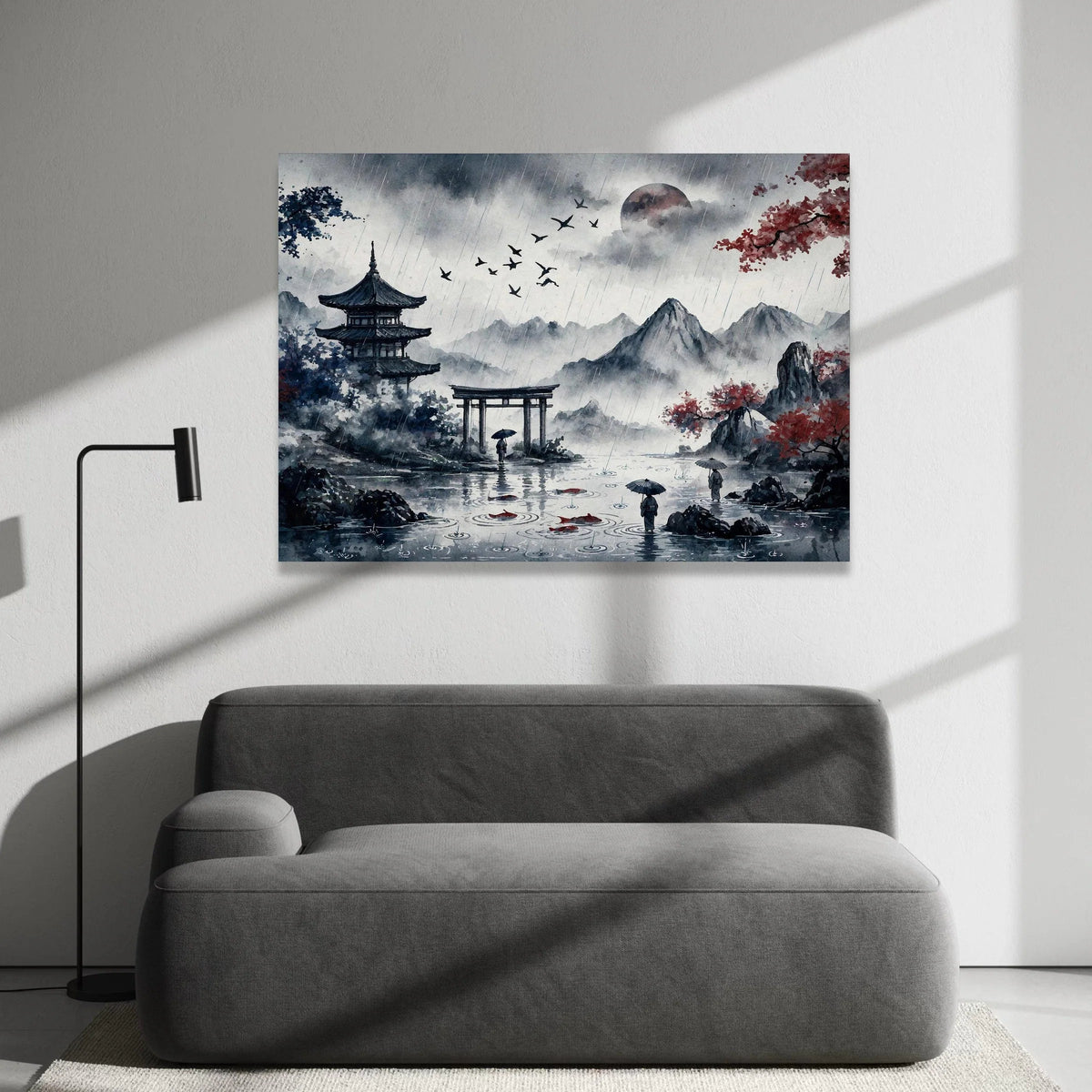 Serene Rainy Japanese Landscape Canvas, Traditional Pagoda and Torii Gate, Mountain Scenery Art, Umbrella Figures Water, Canvas Print Art