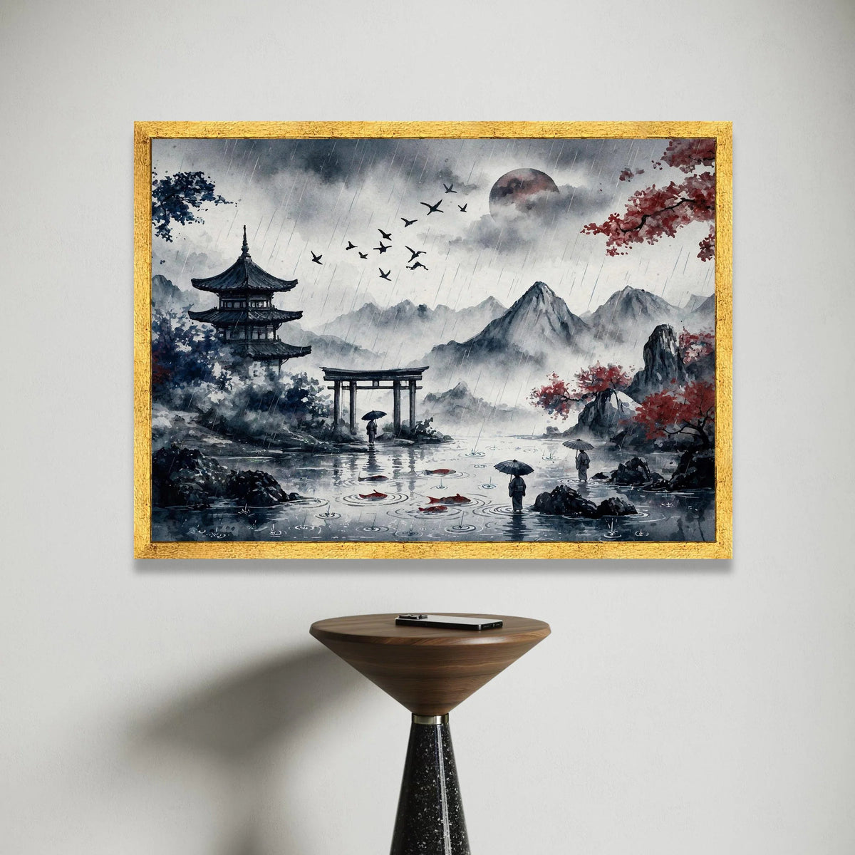 Serene Rainy Japanese Landscape Canvas, Traditional Pagoda and Torii Gate, Mountain Scenery Art, Umbrella Figures Water, Canvas Print Art