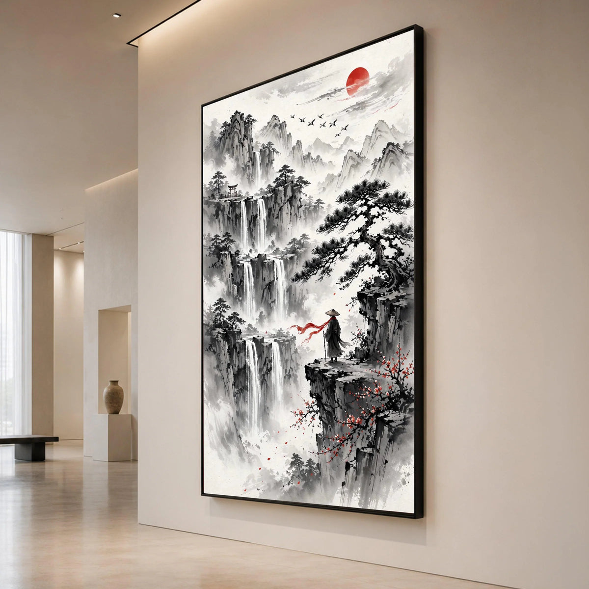 Tranquil Mountain Waterfalls Canvas, Asian Landscape Wall Art, Zen Nature Scene, Red Sun and Flying Cranes, Meditation Canvas Print Art
