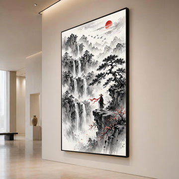 Tranquil Mountain Waterfalls Canvas, Asian Landscape Wall Art, Zen Nature Scene, Red Sun and Flying Cranes, Meditation Canvas Print Art