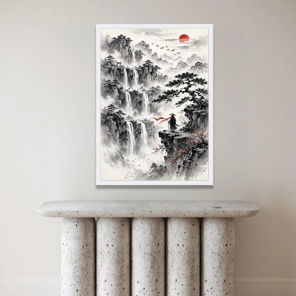 Tranquil Mountain Waterfalls Canvas, Asian Landscape Wall Art, Zen Nature Scene, Red Sun and Flying Cranes, Meditation Canvas Print Art