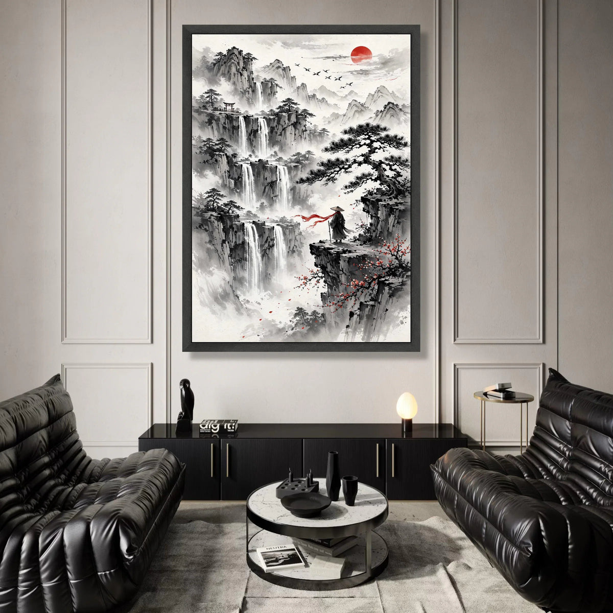 Tranquil Mountain Waterfalls Canvas, Asian Landscape Wall Art, Zen Nature Scene, Red Sun and Flying Cranes, Meditation Canvas Print Art