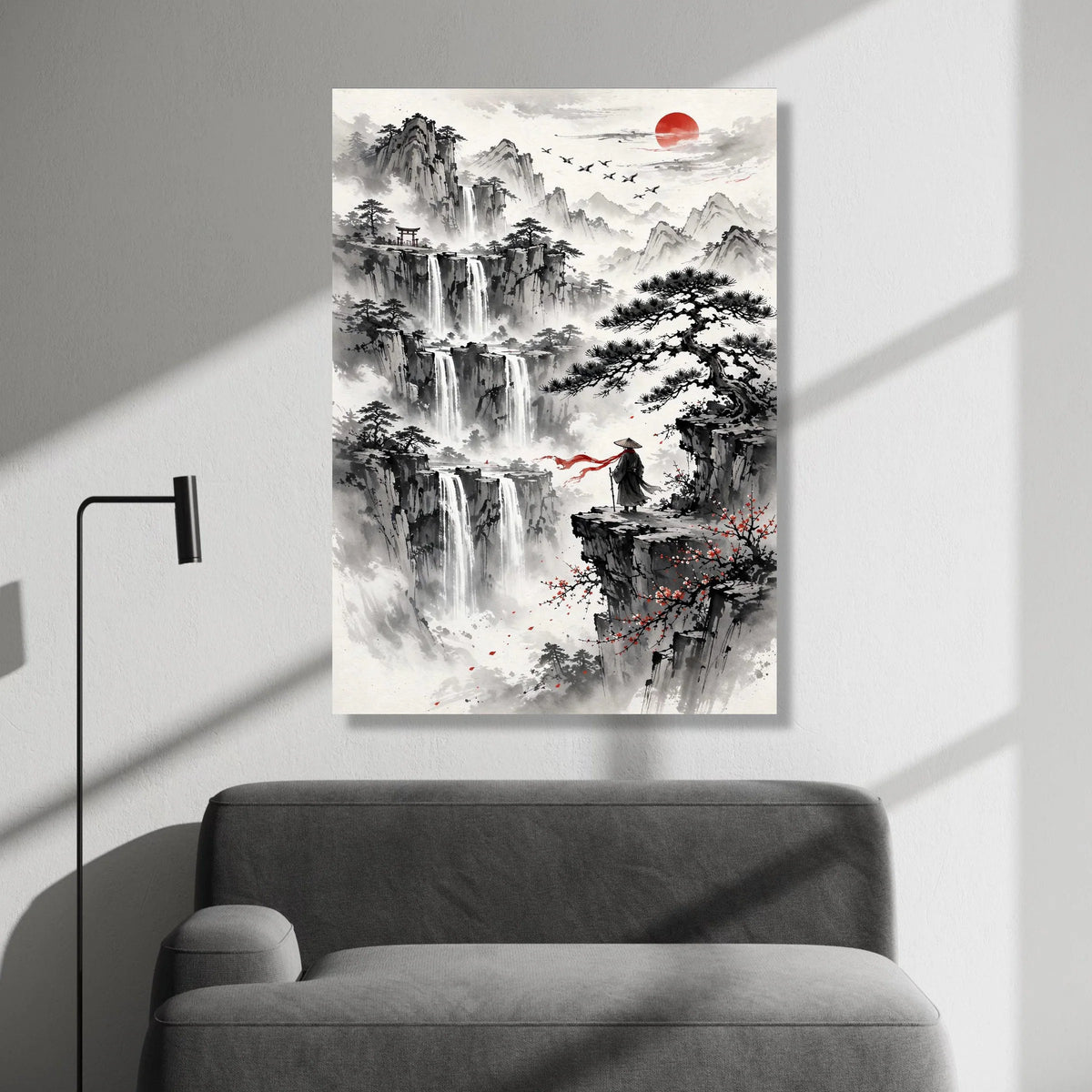 Tranquil Mountain Waterfalls Canvas, Asian Landscape Wall Art, Zen Nature Scene, Red Sun and Flying Cranes, Meditation Canvas Print Art