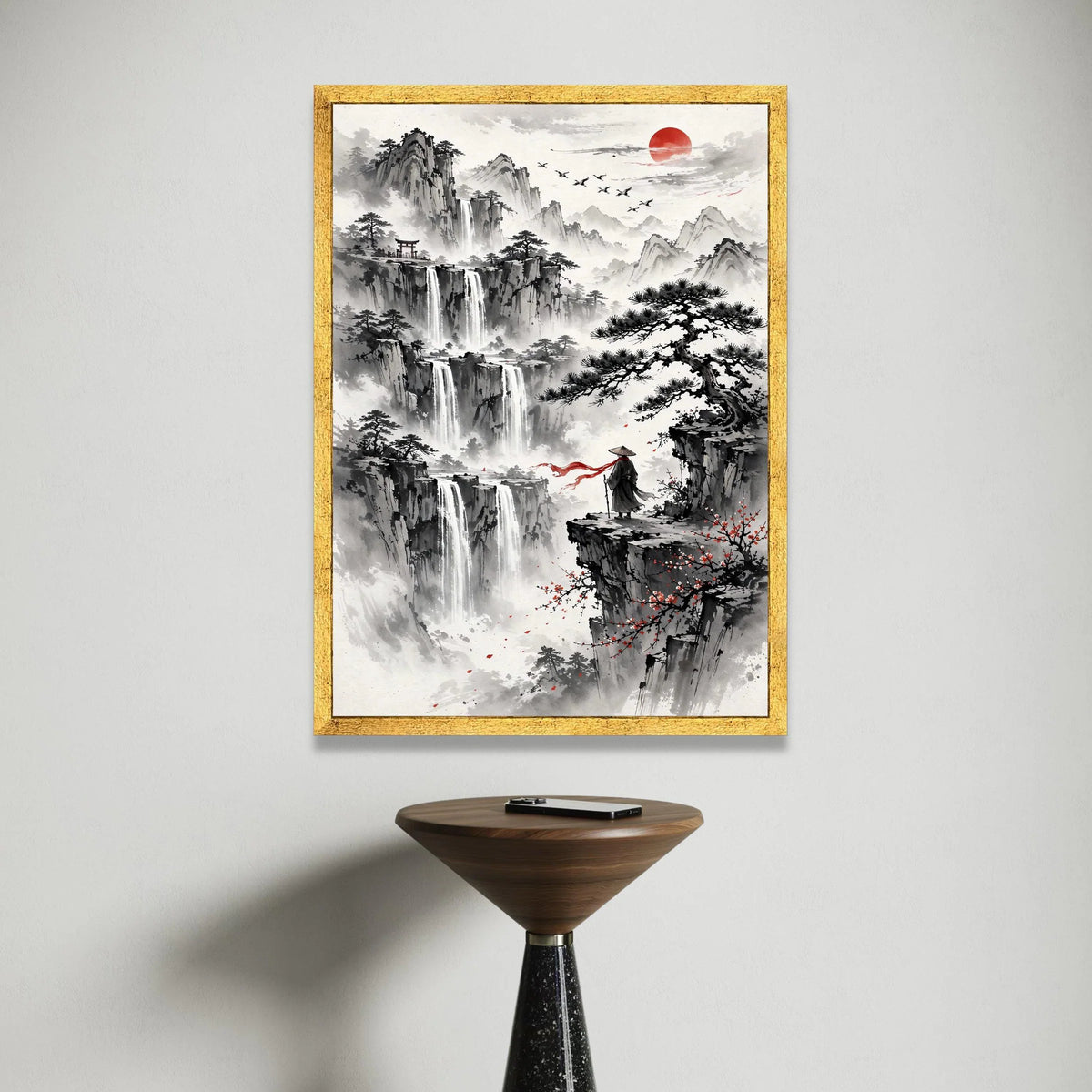 Tranquil Mountain Waterfalls Canvas, Asian Landscape Wall Art, Zen Nature Scene, Red Sun and Flying Cranes, Meditation Canvas Print Art