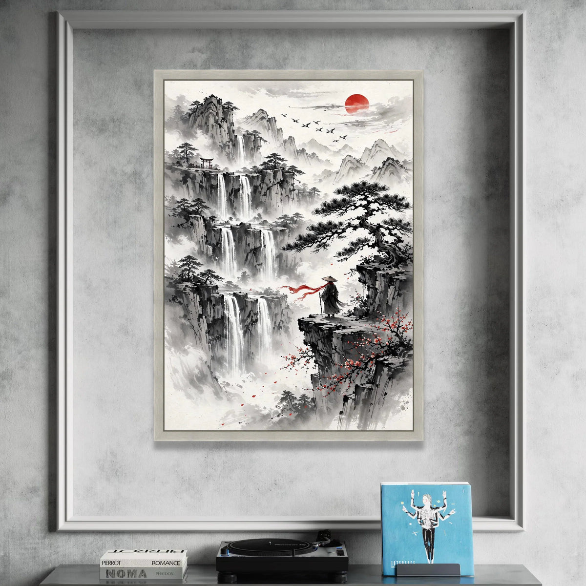 Tranquil Mountain Waterfalls Canvas, Asian Landscape Wall Art, Zen Nature Scene, Red Sun and Flying Cranes, Meditation Canvas Print Art