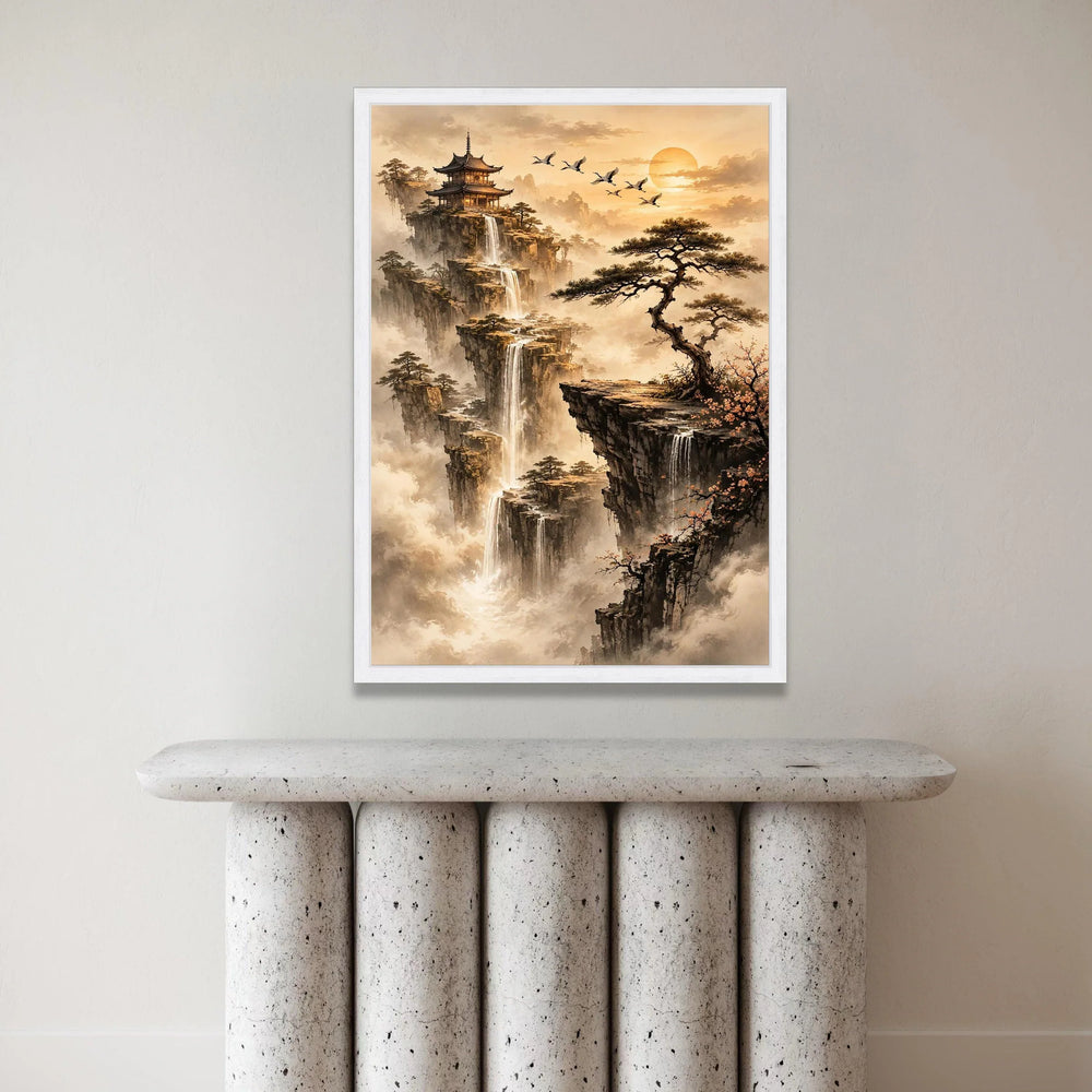 Tranquil Asian Mountain Landscape Canvas, Waterfall Cliff Scene, Pagoda and Pine Tree Wall Art, Serenity Nature Decor, Canvas Print Art