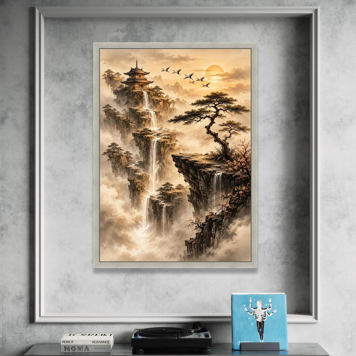 Tranquil Asian Mountain Landscape Canvas, Waterfall Cliff Scene, Pagoda and Pine Tree Wall Art, Serenity Nature Decor, Canvas Print Art