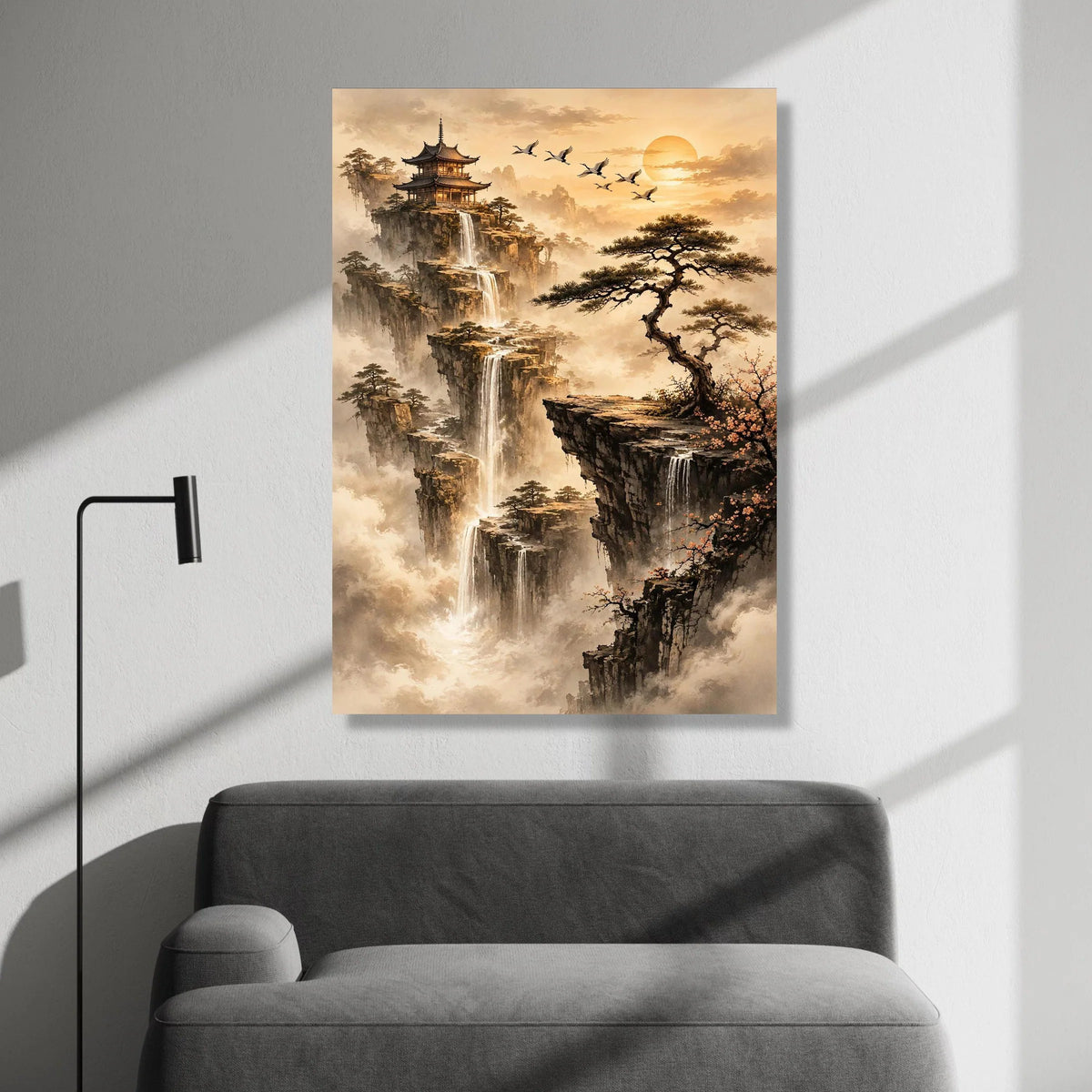Tranquil Asian Mountain Landscape Canvas, Waterfall Cliff Scene, Pagoda and Pine Tree Wall Art, Serenity Nature Decor, Canvas Print Art