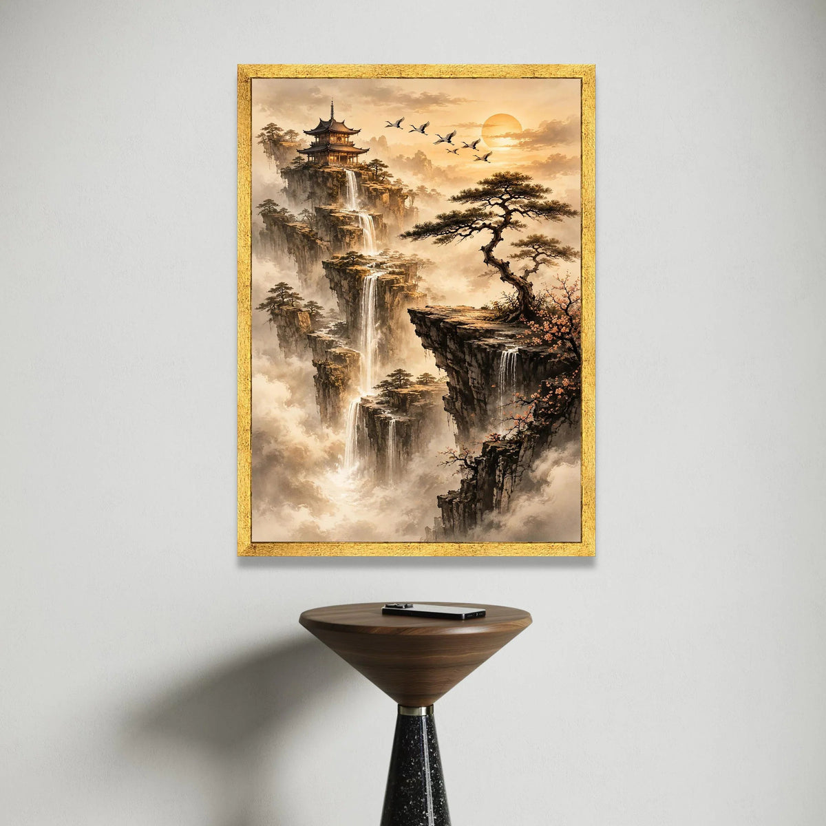 Tranquil Asian Mountain Landscape Canvas, Waterfall Cliff Scene, Pagoda and Pine Tree Wall Art, Serenity Nature Decor, Canvas Print Art
