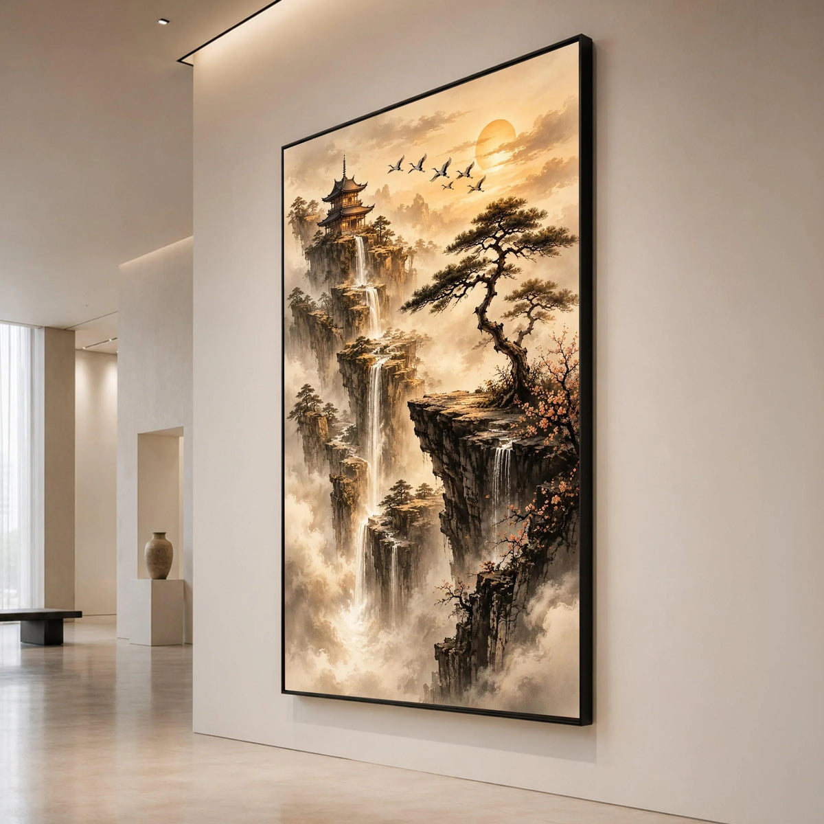 Tranquil Asian Mountain Landscape Canvas, Waterfall Cliff Scene, Pagoda and Pine Tree Wall Art, Serenity Nature Decor, Canvas Print Art