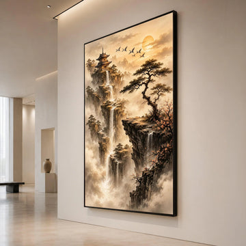 Tranquil Asian Mountain Landscape Canvas, Waterfall Cliff Scene, Pagoda and Pine Tree Wall Art, Serenity Nature Decor, Canvas Print Art